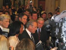 Sen. Sessions appears at a news conference on Iraq with Defense Secretary Rumsfeld, Secretary of State Rice, Senate Majority Leader Frist and Senate Armed Services Committee Chairman Warner. (6/13/06)
