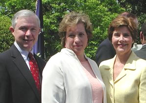 Jeff Sessions, Betsy Rogers, and First Lady Laura Bush at White House ceremony where President Bush named Rogers the 2003 National Teacher of the Year.