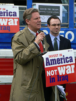In March 2008, Frank spoke at an anti-war rally during a visit by President Bush to New Jersey.  While the president visited a debt counseling agency to discuss the mortgage crisis, Frank said the President's visit was part of a weak response to the mortgage squeeze and that we needed to get out of Iraq so that we could focus on priorities here at home