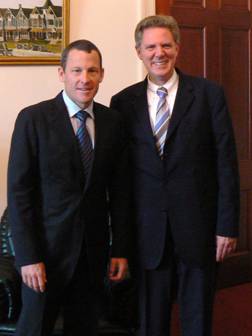 Photo, Frank met with Lance Armstrong, a cancer survivor, to discuss cancer research, prevention and survivorship.