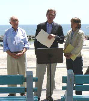 Photo, Frank, Senator Lautenberg and Cindy Zipf from Clean Ocean Action speak about the BEACH Protection Act, legislation introduced by the two New Jersey lawmakers to update and strengthen beach water quality standards.