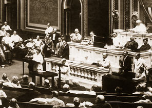 Jeannette Rankin of Montana, a suffragist and peace activist, and the first woman to serve in Congress, delivers her first full speech on the House Floor on August 7, 1917.