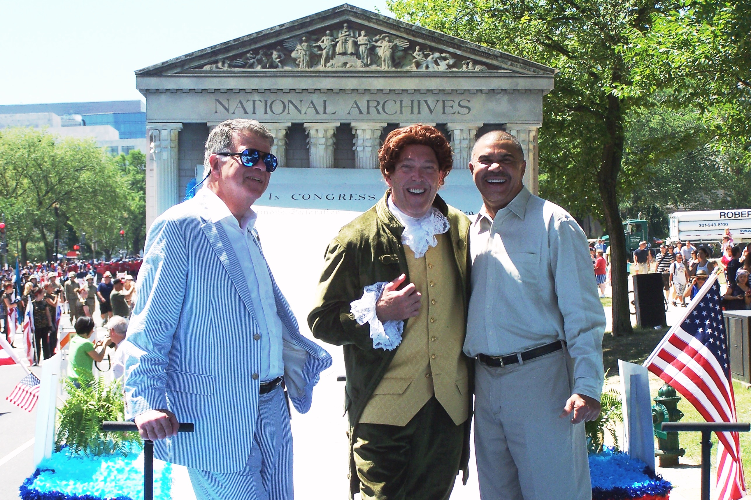 U.S. Archivist David Ferriero, President Thomas Jefferson, Congressman Clay aboard the NARA float in the 4th of July Parade in DC