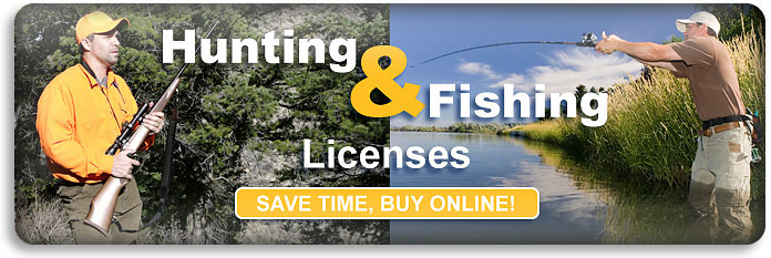 Photo of man ready to hunt. Photo of man fishing in water. Hunting and Fishing Licenses. Save time, buy online.
