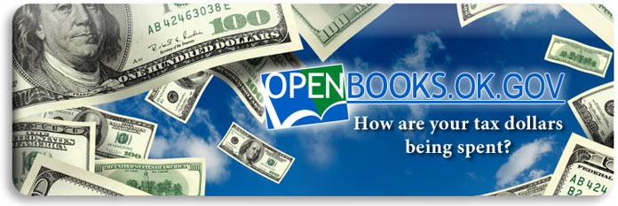 OpenBooks.ok.gov main feature banner with photo of 100 dollar bills in the sky. ''How are your tax dollars being spent''