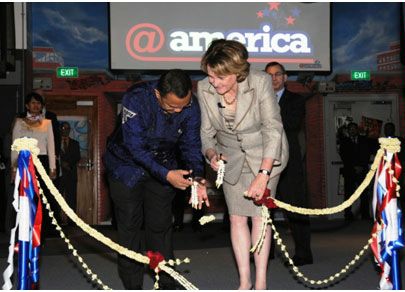 Date: 12/01/2010 Description: Under Secretary for Public Diplomacy and Public Affairs Judith McHale and Indonesia's Deputy Minister for Youth Empowerment, Ministry of Youth and Sports Affairs, Professor Dr. Alfitra Salamm cut the ribbon at the reception of @america Center on December 2, 2010. [Photo courtesy of U.S. Embassy Jakarta] - State Dept Image