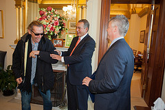 Speaker John Boehner jokes with Alex Van Halen and Deputy Chief of Staff Dave Schnittger in his outer office at the U.S. Capitol. March 27, 2012. (Official Photo by Bryant Avondoglio)

--
This official Speaker of the House photograph is being made available only for publication by news organizations and/or for personal use printing by the subject(s) of the photograph. The photograph may not be manipulated in any way and may not be used in commercial or political materials, advertisements, emails, products, promotions that in any way suggests approval or endorsement of the Speaker of the House or any Member of Congress.