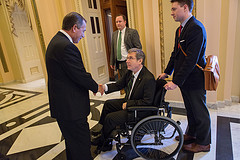 Speaker John Boehner greets Senator Mark Kirk (R-IL) prior to the start of a Joint Session of Congress. Janaury 4, 2013. (Official Photo by Bryant Avondoglio)

--
This official Speaker of the House photograph is being made available only for publication by news organizations and/or for personal use printing by the subject(s) of the photograph. The photograph may not be manipulated in any way and may not be used in commercial or political materials, advertisements, emails, products, promotions that in any way suggests approval or endorsement of the Speaker of the House or any Member of Congress.
