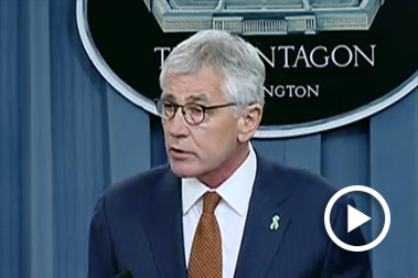 Screen capture of Chuck Hagel speaking at a podium.