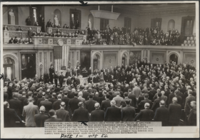 Photograph of the House Chamber in 1939 with "flying coffin" speakers.