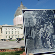 Then and Now photo of horseshoes game practice at the Capitol