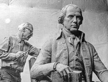 Model of James Madison statue, with sculptor Walker Hancock. 