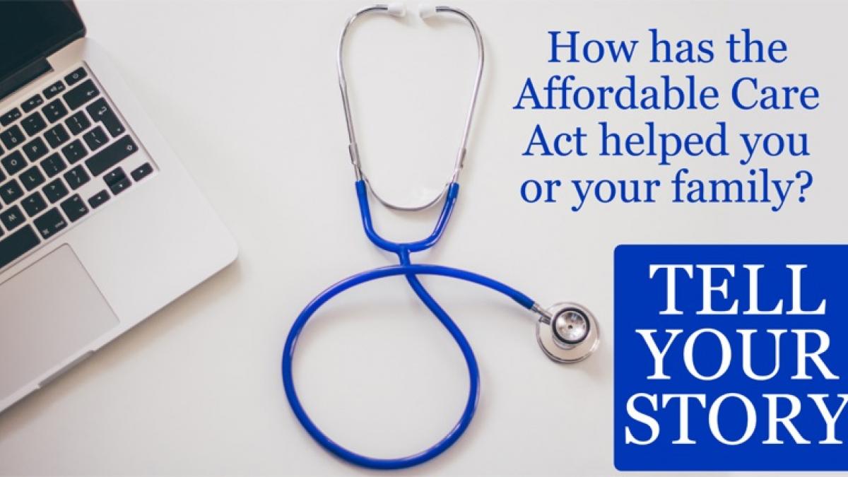an image of stethoscope and a mac laptop with a question in blue "How has the affordable care act helped you or your family?"