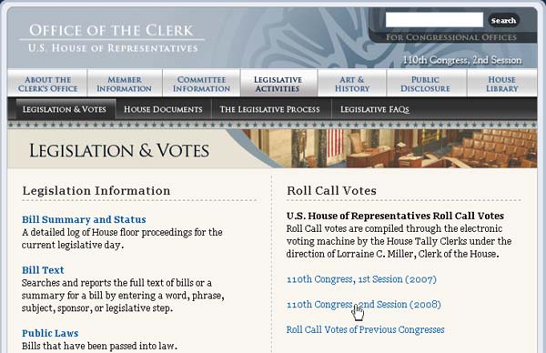 Screen shot of Legislation &amp; Votes page of the House Clerk's website.