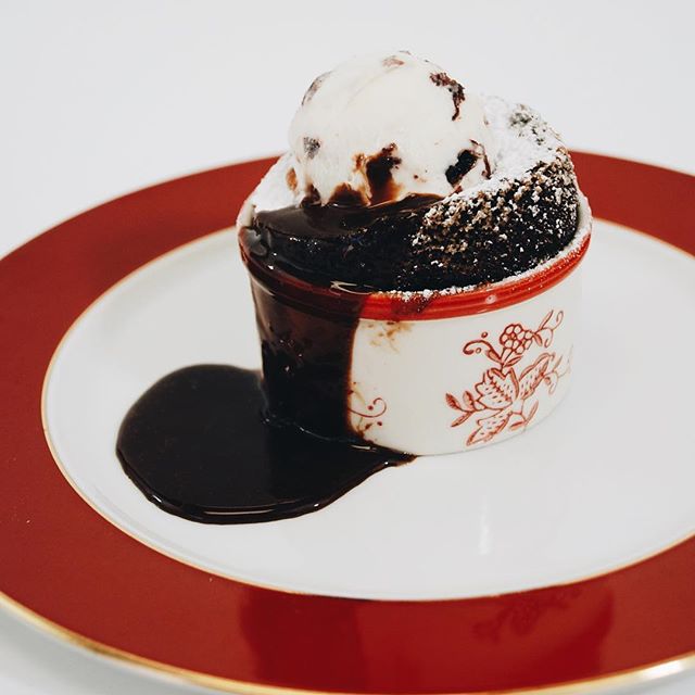 Third Course: Dark Chocolate Soufflé with Cherry Vanilla Ice Cream.