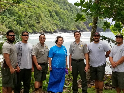 Amata with Superintendent Scott Burch and Ranger-Education Assistant Pua Tuaua Jr and the hardworking maintenance crew of the National Park of American Samoa crew at Amalau Bay