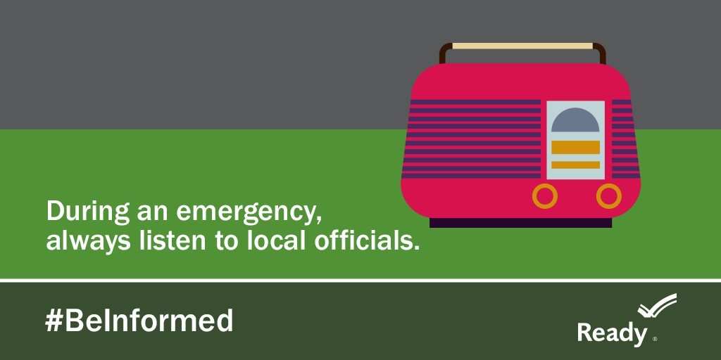 A graphic showing a radio that says During an emergency, always listen to local officials.