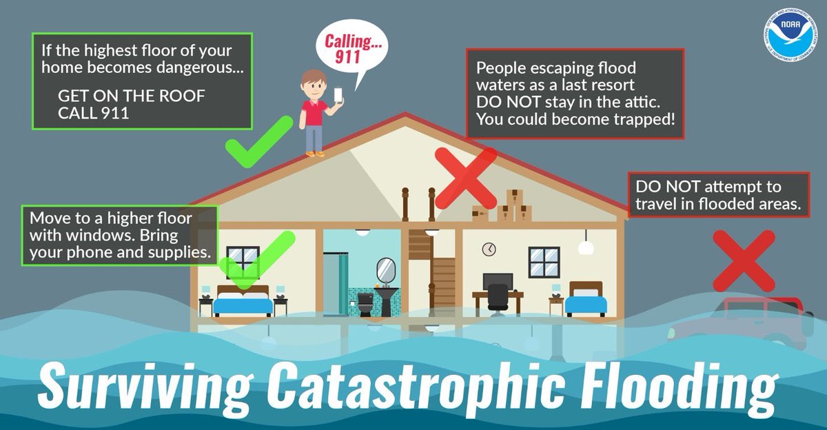 A graphic titled Surviving Catastrophic Flooding. It depicts a cross section of a home and points out that people should not attempt to travel in flooded areas or go in the attic to escape flood waters. It urged people to move to a higher floor with windows and bring phone and supplies, and get on the roof as a last resort and call 9-1-1.