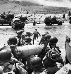 American troops prepare to land at Normandy, World War II.