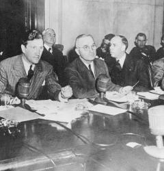  The Truman Committee is shown meeting in the Senate Caucus Room, 1943.