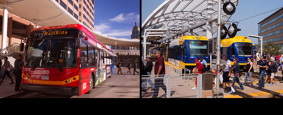 Collage of passengers boarding bus and boarding light rail