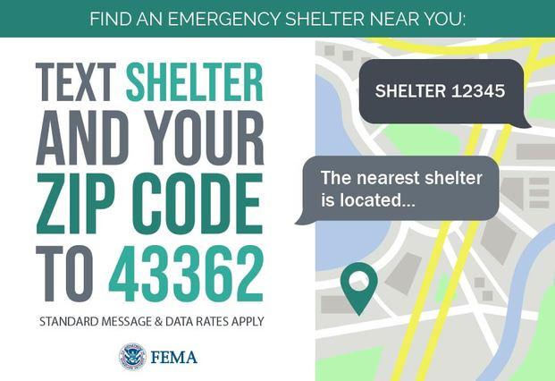 A graphic of a map and a text messaging conversation to illustrate how people can locate an Emergency Shelter in their area by texting SHELTER and their zip code to 43362.