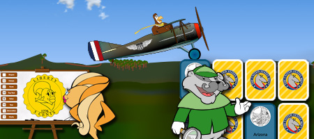 Cartoon fish looking at a coin design; cartoon eagle piloting a word war one plane; cartoon badger next to line of cards