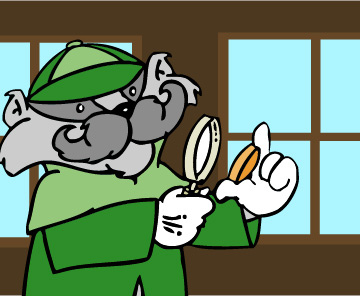 Drawing of Inspector Collector badger character studying a coin with a magnifying glass.