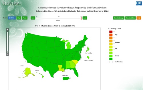 Influenza-like Illness, ILI, activity indicator map application screenshot.