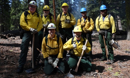 Seven men in yellow uniforms and hardhats pose for a picture in a forest
