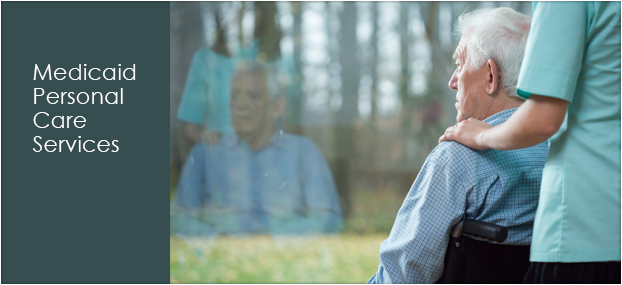 A photo of an elderly man looking out a window, a nurse has her hand on his shoulder