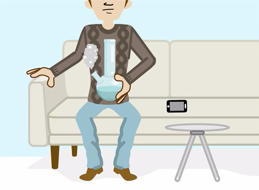 Illustration of a man holding a bong in his lap
