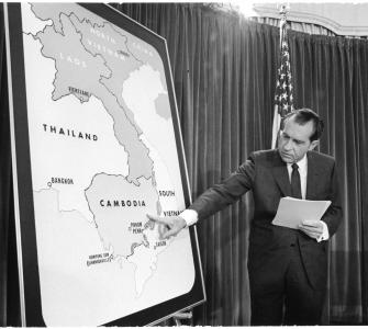 President Richard Nixon Points to a Map of Cambodia during a Vietnam War Press Conference, photograph by Jack E. Kighlinger, April 30, 1970