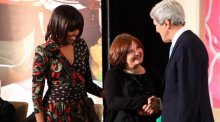Photo of John Kerry and Michelle Obama presenting award to IWOC honoree