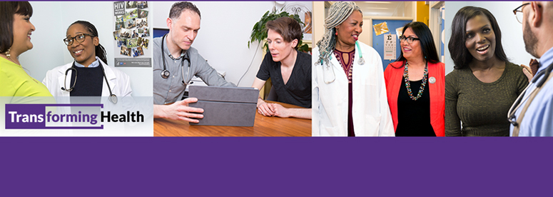 A four-panel collage of Transforming Health photos featuring transgender people. Three panels show individuals speaking with health professionals. One panel shows an individual filling out a form.