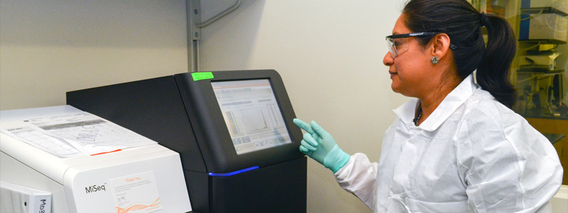 A Laboratory Leadership Service fellow operates a next generation sequencer instrument in a CDC streptococcus laboratory. Atlanta, GA (2017)