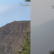 Side-by-side comparison of the northwest wall of Kīlauea Caldera on a clear day (left) and a day with thick vog (right).