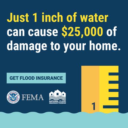 Social graphic with a header that reads “1 inch of water can cause $25,000 of damage to your home” and “get flood insurance.” The image has the FEMA and NFIP logos.
