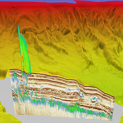 Image showing seafloor topography, water column image of methane plume, and seismic data.