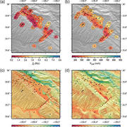 Four maps placed 2 in 2 rows show different data plotted against latitude and longitude and colorized to show intensity. 