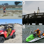 Four photos together to show 4 methods of data collection in a beach environment for topography and bathymetry data collection.