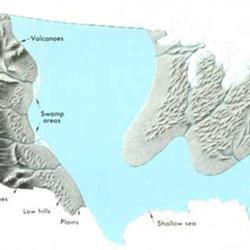 Map of United States in Late Cretaceous Time (66 to 100 million years ago).
