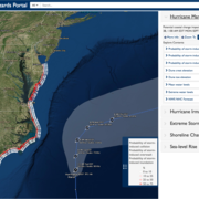 A screenshot of the Coastal Change hazards portal showing erosion, overwash and inundation potentials along the east coast 