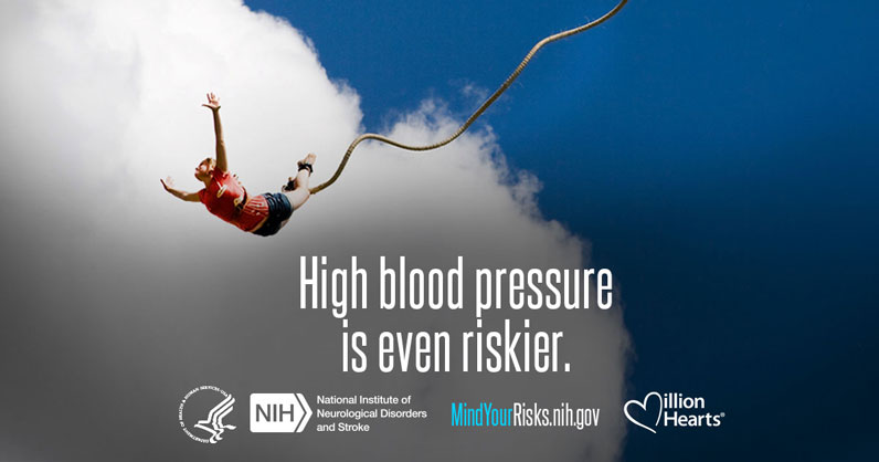 Person bungie jumping. Text reads: High blood pressure is even riskier.
