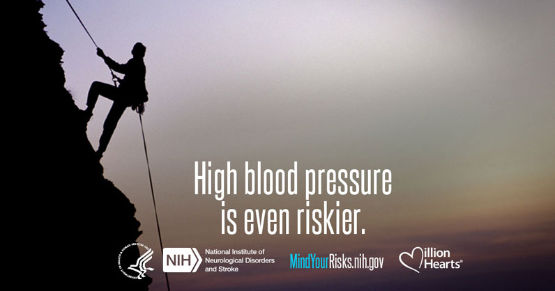 Person climbing mountain. Text reads: High blood pressure is even riskier.