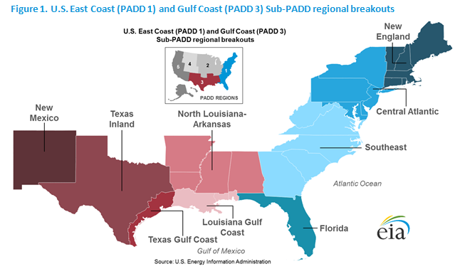 Figure 1.U.S. East Coast (PADD 1) and Gulf Coast (PADD 3) Sub-PADD regional breakouts