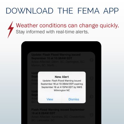 A graphic that says Download the FEMA App and shows an image of a phone with a weather alert on the screen. It also reads: "Weather conditions can change quickly. Stay informed with real-time alerts."