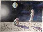 Watercolor and Acrylic
"In the piece, two figures of girls are shown standing on the surface of the moon, each representing one of the two emotions, the sunlight casting long shadows and the Earth in the distance."
