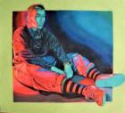 Color Pencil
"Man sitting on floor with legs out. Blue and red/pink lighting."
