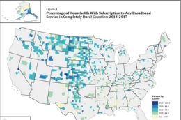 View the percentage of households with a subscription to any broadband service in completely rural counties from 2013-2017.